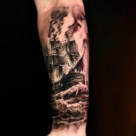 Realism tattoo, ship on ocean